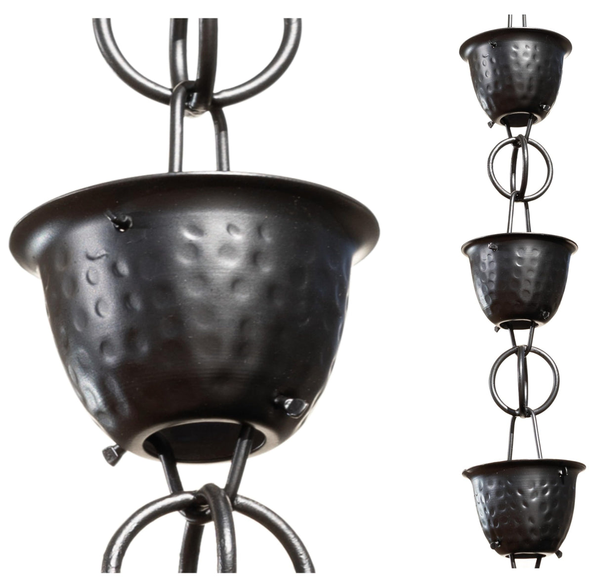 Monarch Rain Chains front view of matte-black hammered cups and elegant water control