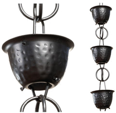 Monarch Rain Chains front view of matte-black hammered cups and elegant water control