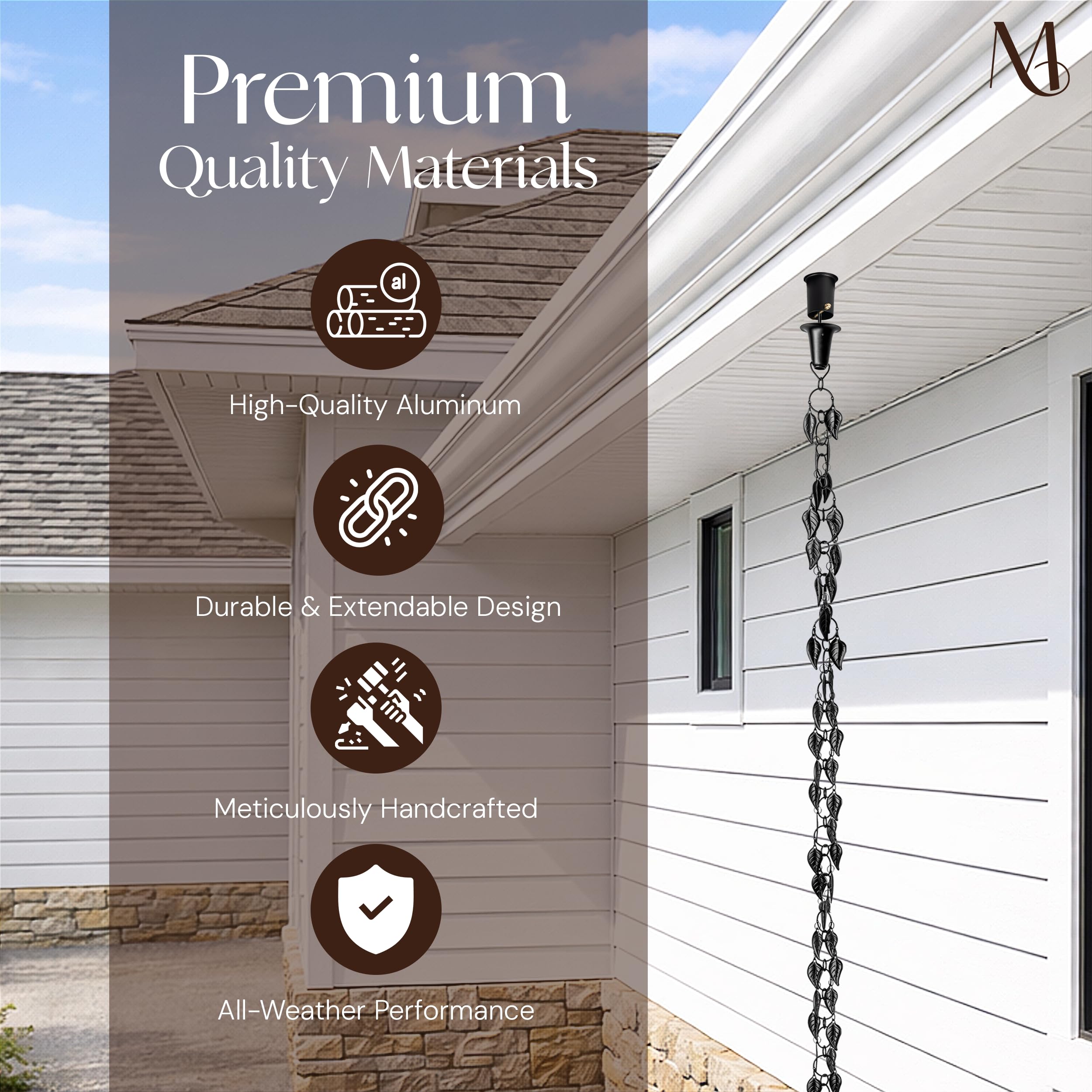Monarch Rain Chains installed in gutter showing tool-free hanging advantage