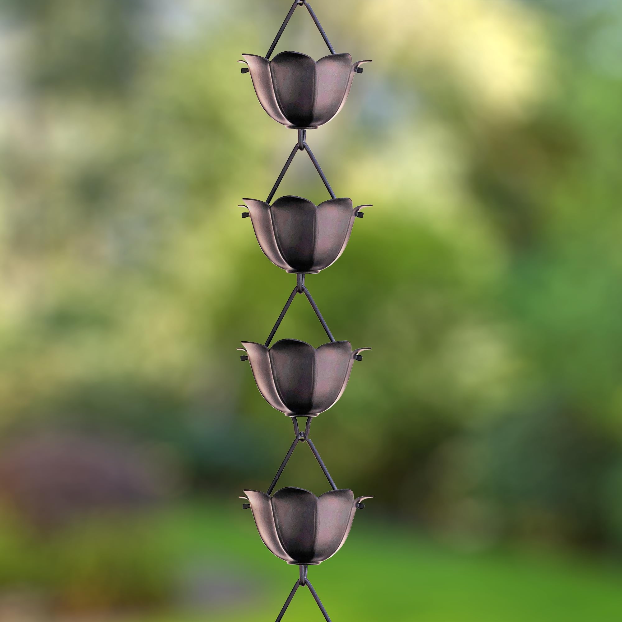 Monarch Rain Chains close-up of lotus cup highlighting durable aluminum texture and smooth water flow