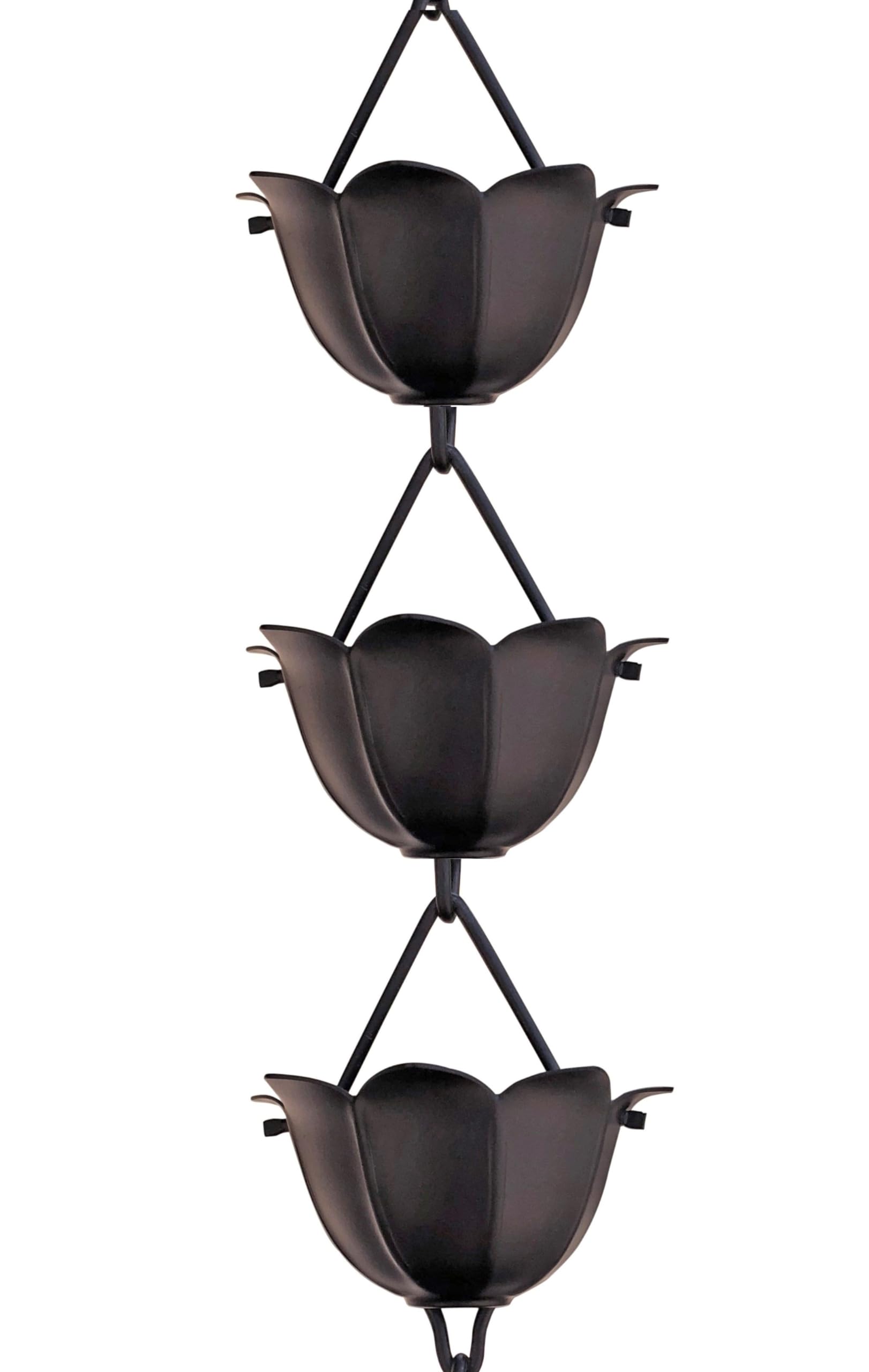 Monarch Rain Chains front view hung from gutter showing elegant matte black finish and curb appeal