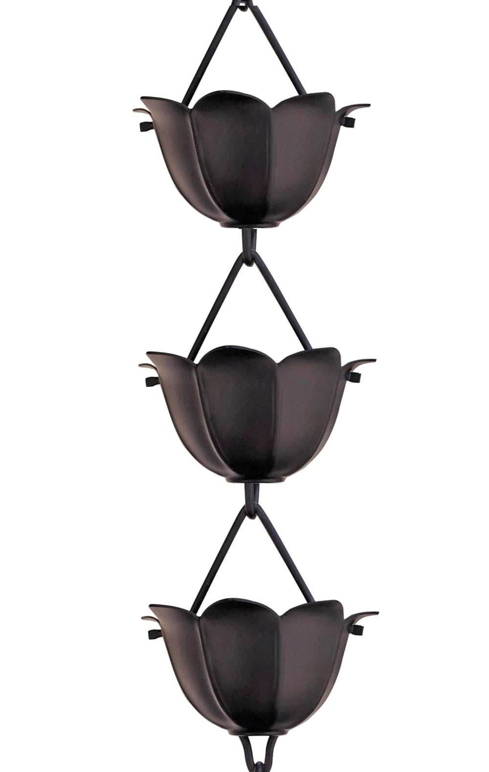 Monarch Rain Chains front view hung from gutter showing elegant matte black finish and curb appeal