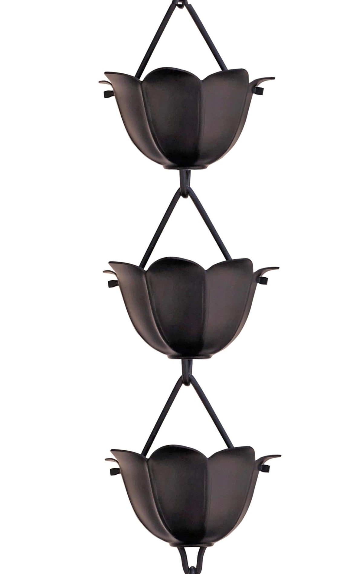 Monarch Rain Chains front view hung from gutter showing elegant matte black finish and curb appeal