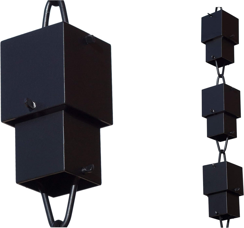 Monarch Rain Chains front view showing full 8.5 ft chain and cubes enhancing curb appeal