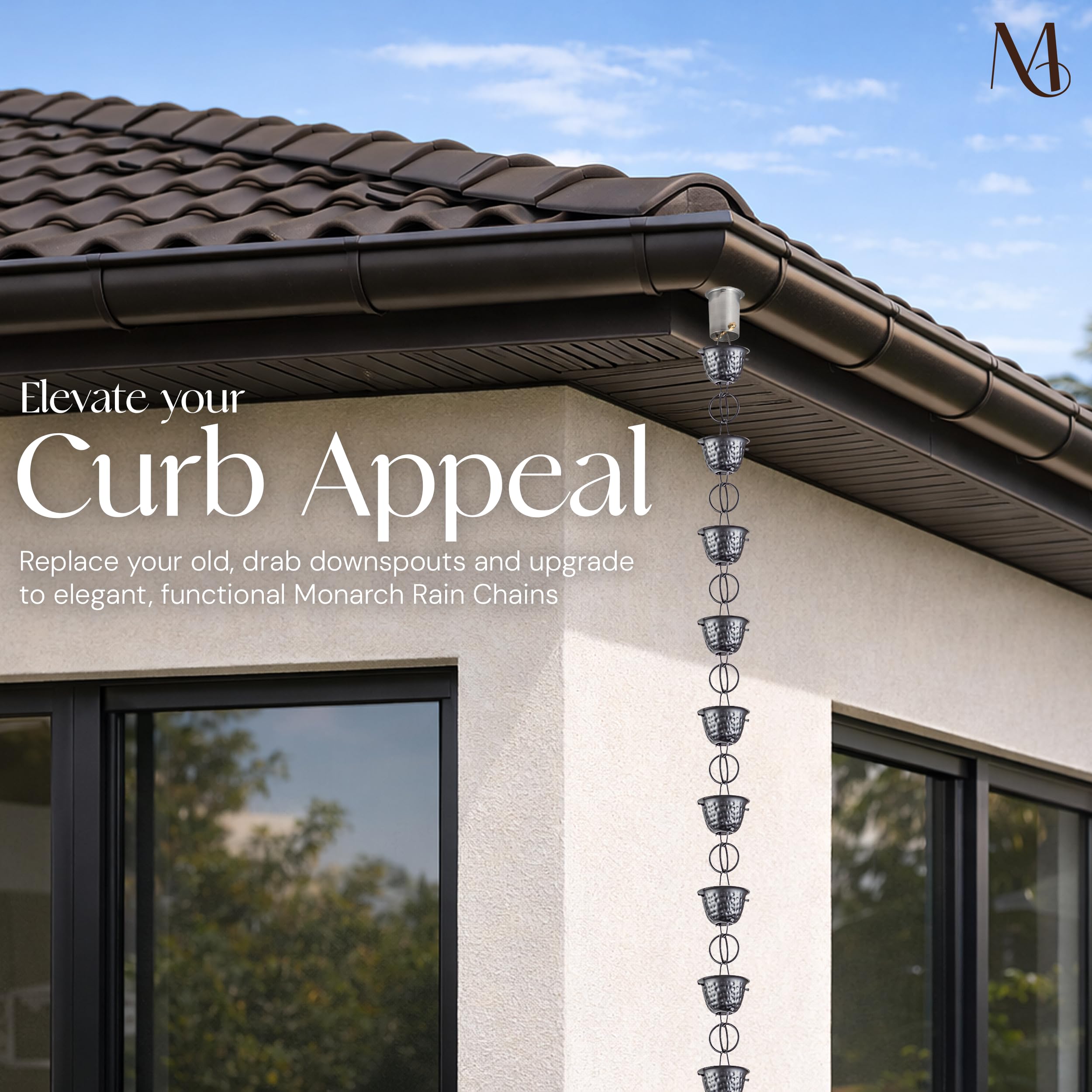 Monarch Rain Chains on porch illustrating decorative appeal and enhanced curb appeal
