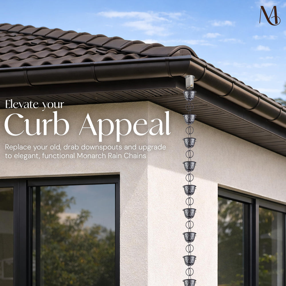 Monarch Rain Chains on porch illustrating decorative appeal and enhanced curb appeal