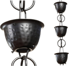 Monarch Rain Chains front view showing full 8.5 ft chain and cups for decorative drainage