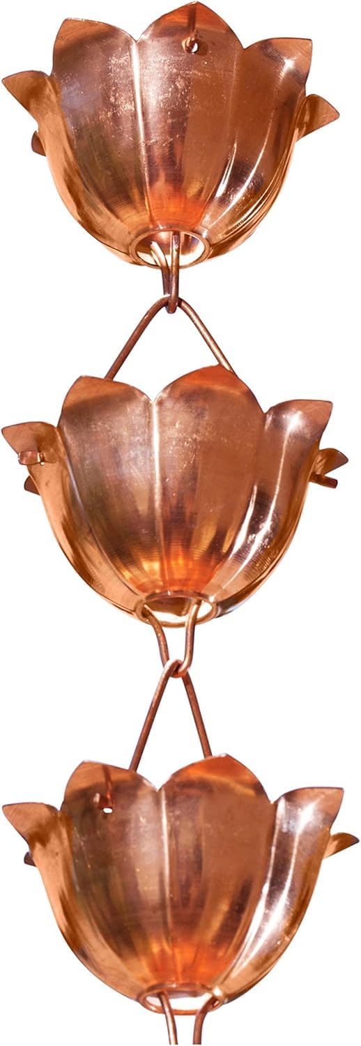 Monarch Rain Chains full-length lotus copper chain hung from gutter, adds curb appeal