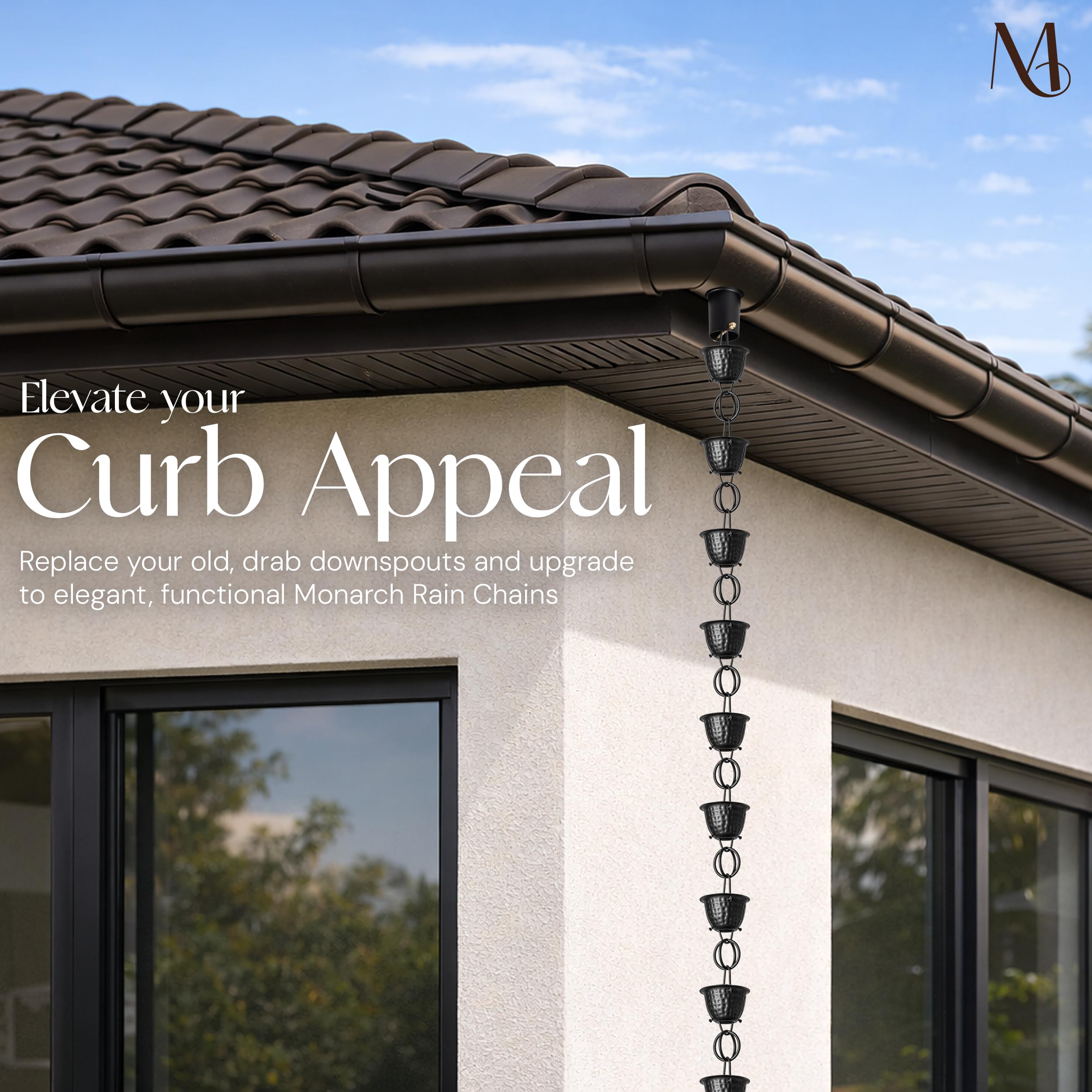 Monarch Rain Chains installed in garden creating visual water feature and curb appeal