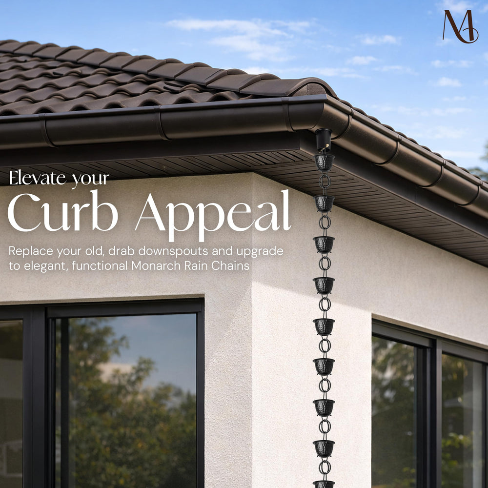 Monarch Rain Chains installed in garden creating visual water feature and curb appeal