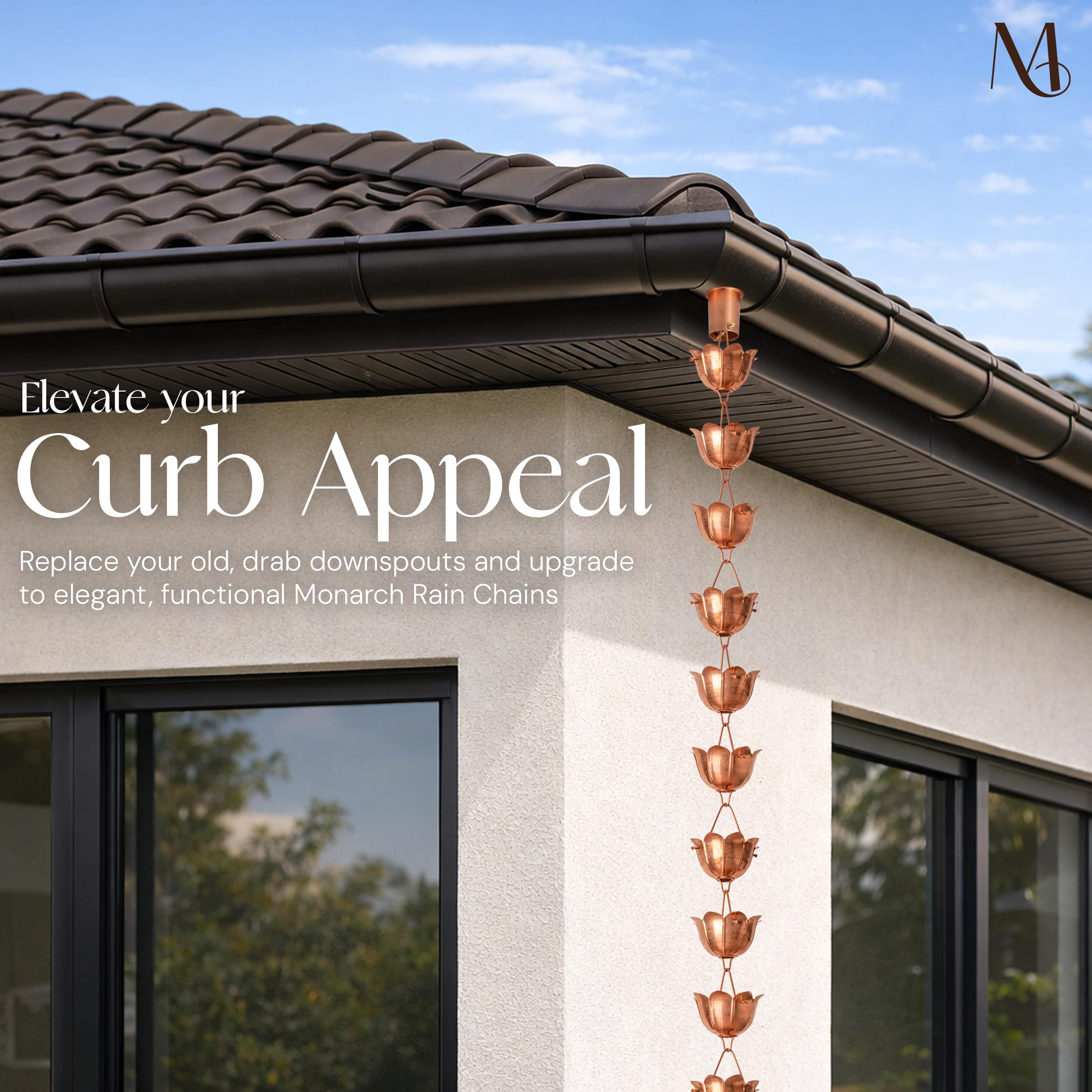Monarch Rain Chains scale comparison with hand showing cup size and suitable rooflines
