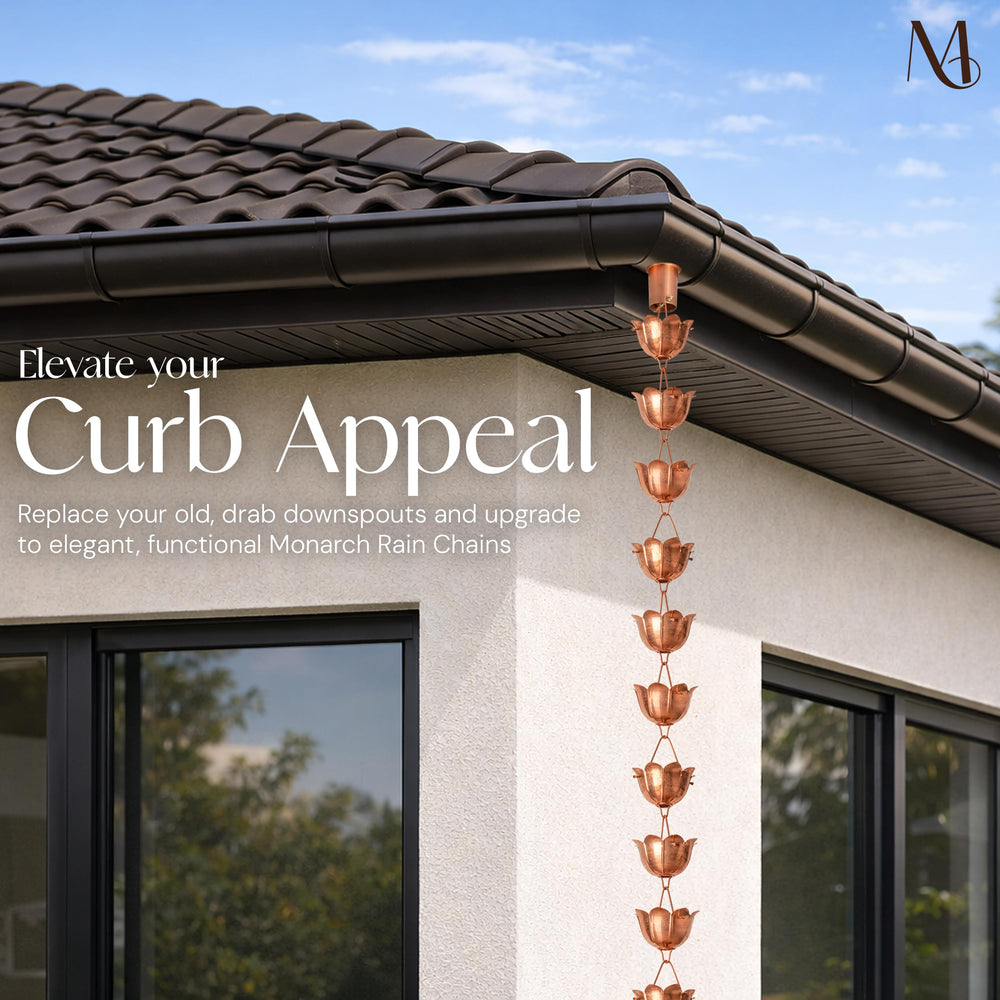 Monarch Rain Chains scale comparison with hand showing cup size and suitable rooflines