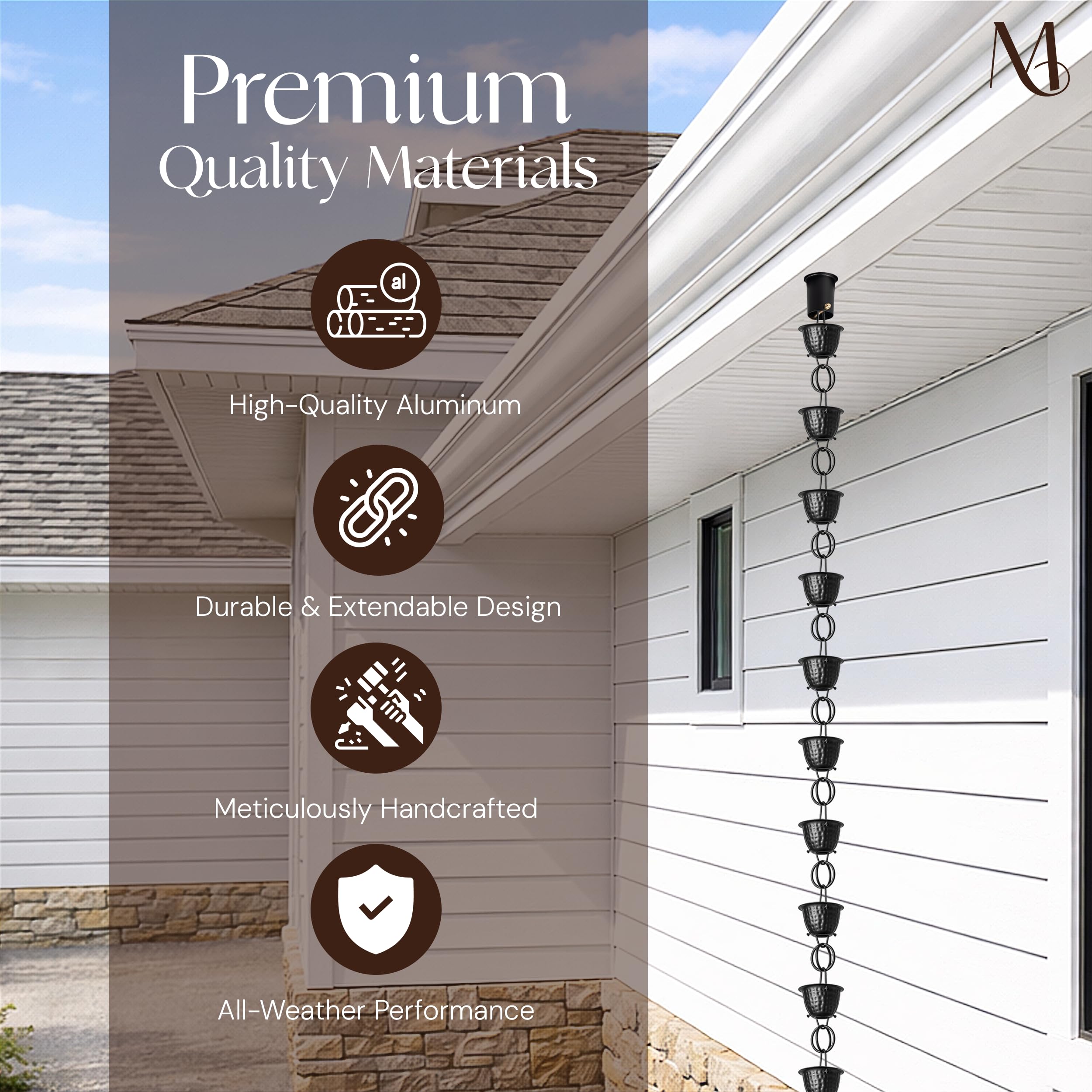 Monarch Rain Chains matte black finish close-up showing durable weatherproof coating