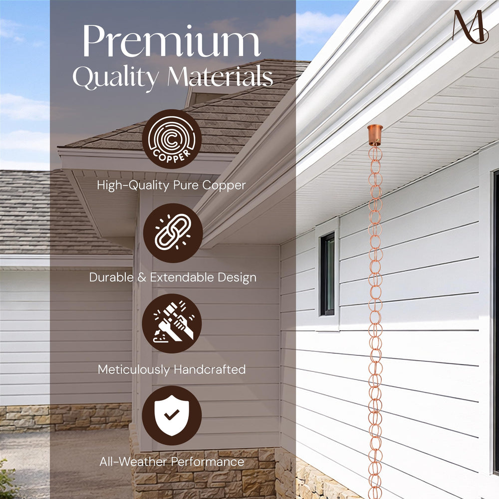 Monarch Rain Chains installed under gutter demonstrating easy tool-free hanging