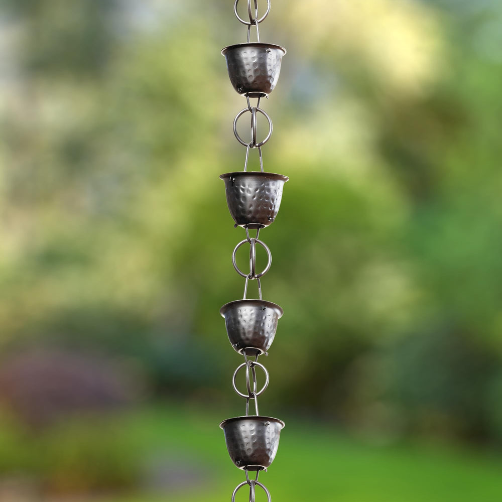 Monarch Rain Chains next to ruler showing hanger and cup dimensions for sizing