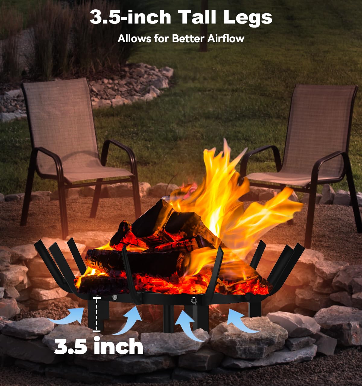 Mondazie next to stacked logs for scale, fits typical 24 inch round fire pits