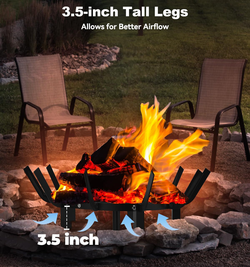 Mondazie next to stacked logs for scale, fits typical 24 inch round fire pits