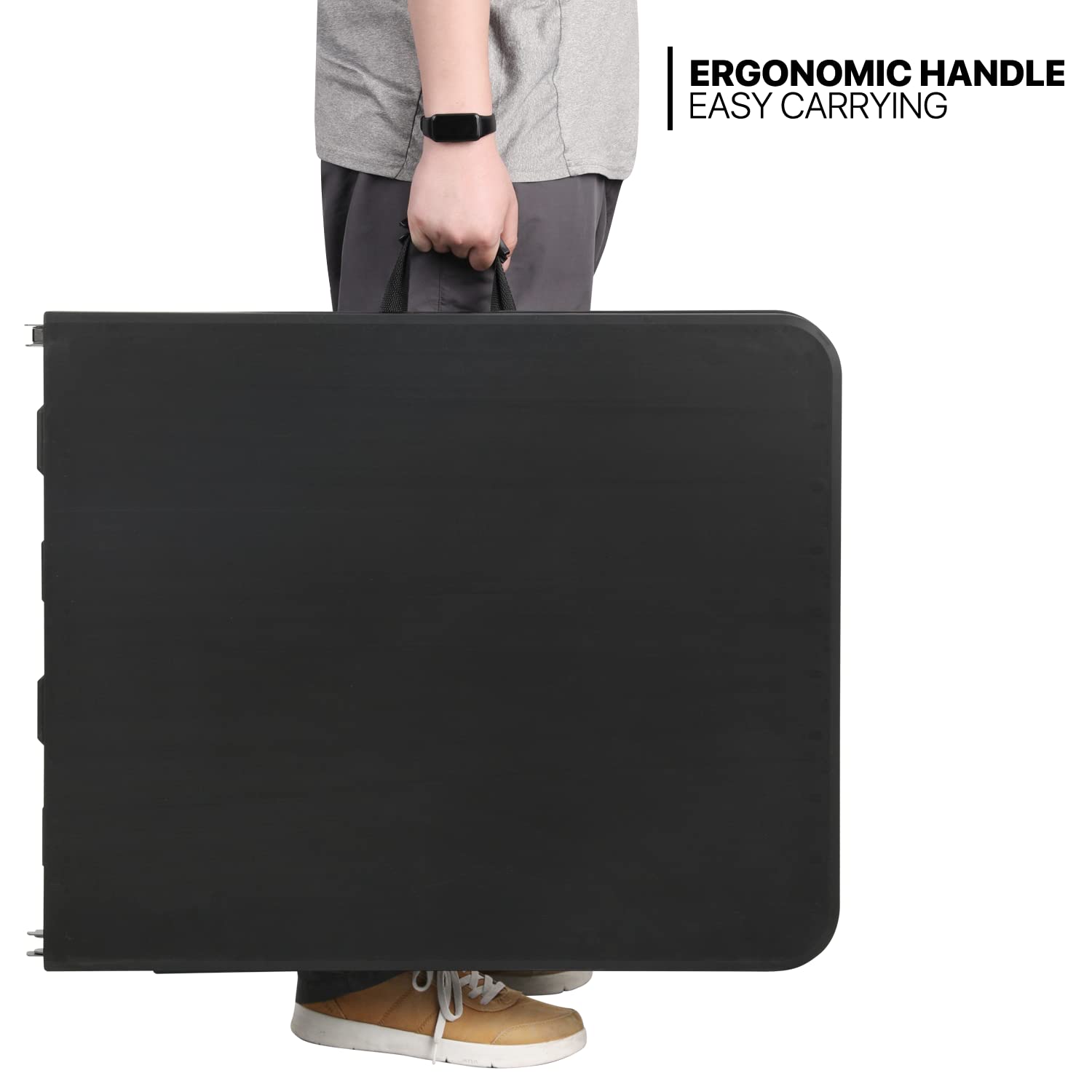 MoNiBloom wiping tabletop surface to show easy-clean, weather-resistant finish