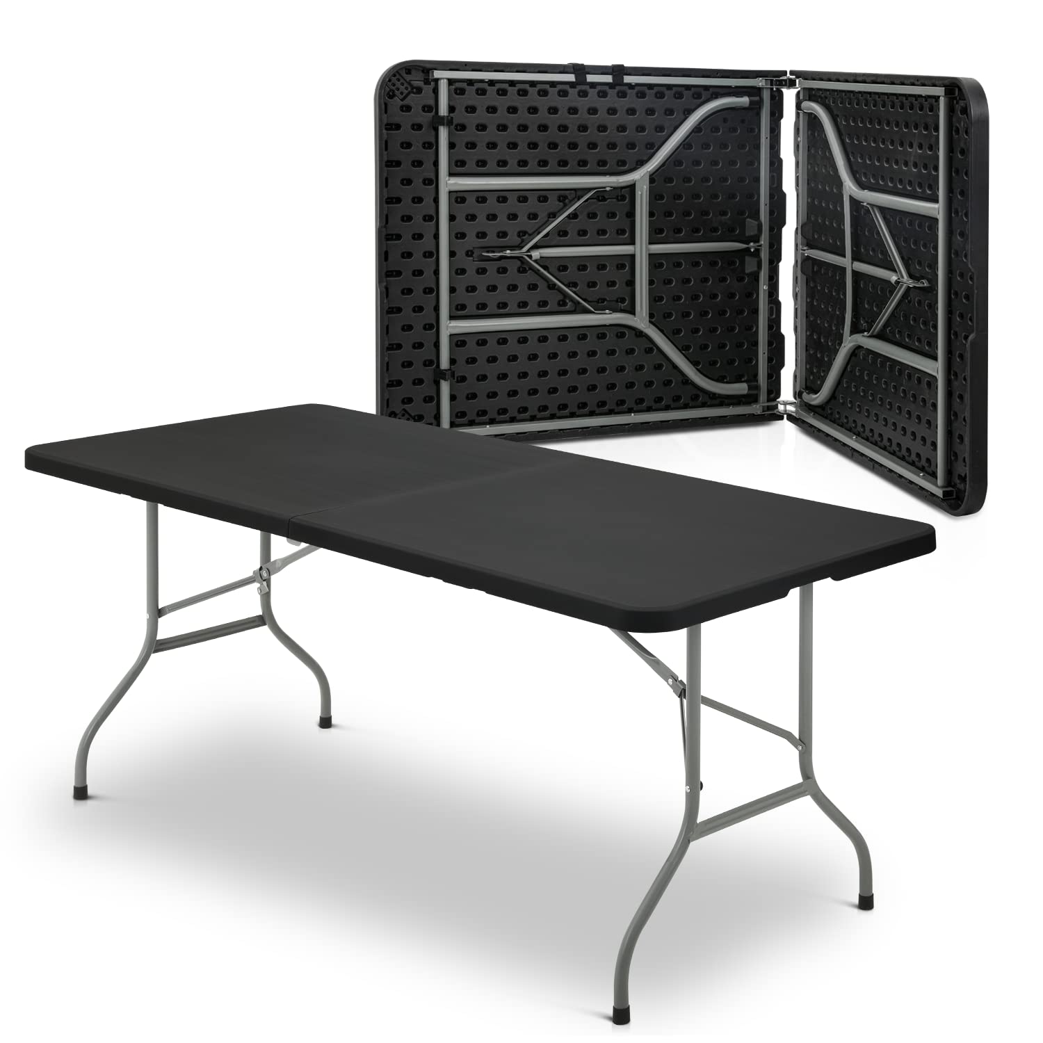 MoNiBloom front view of black 6ft folding table showing shape and stability