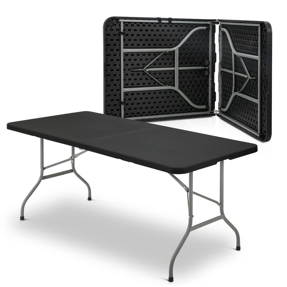 MoNiBloom front view of black 6ft folding table showing shape and stability