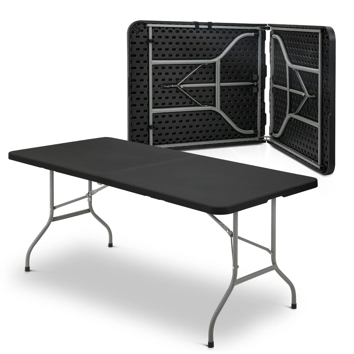 MoNiBloom front view of black 6ft folding table showing shape and stability