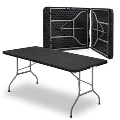 MoNiBloom front view of black 6ft folding table showing shape and stability