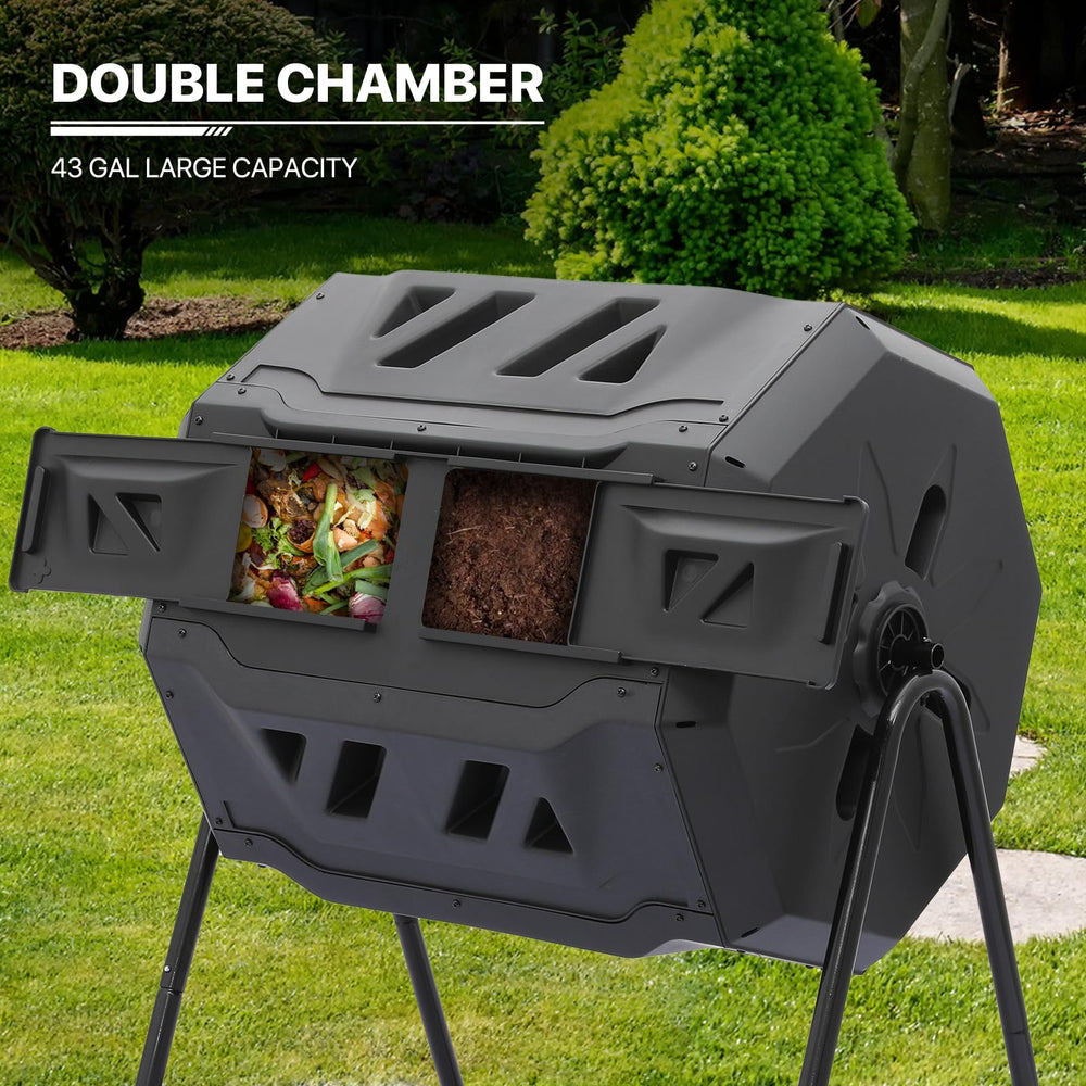 MoNiBloom in backyard setting demonstrating space-saving outdoor composting convenience