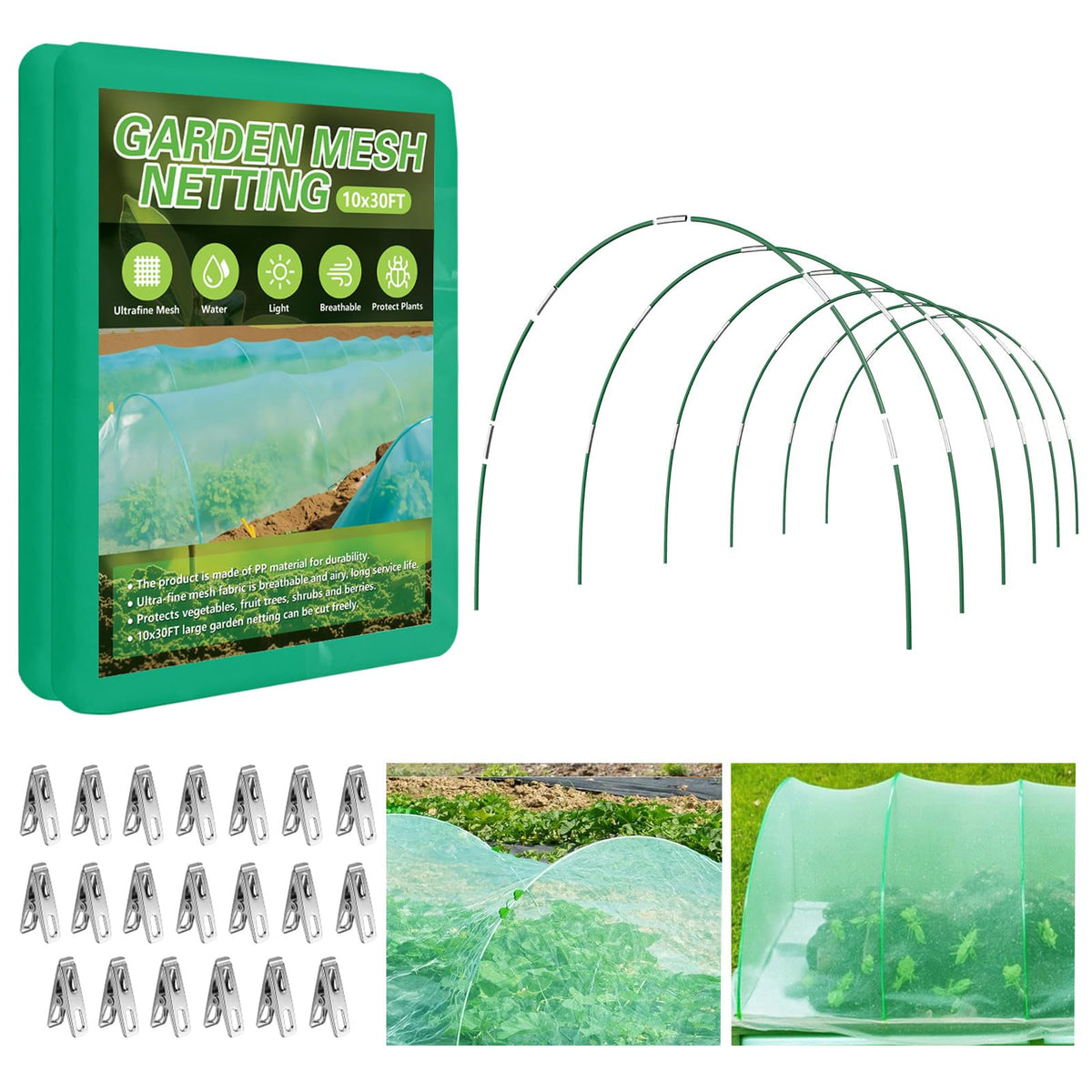 Monirsen front packaging showing full raised-bed netting kit and components benefits protection