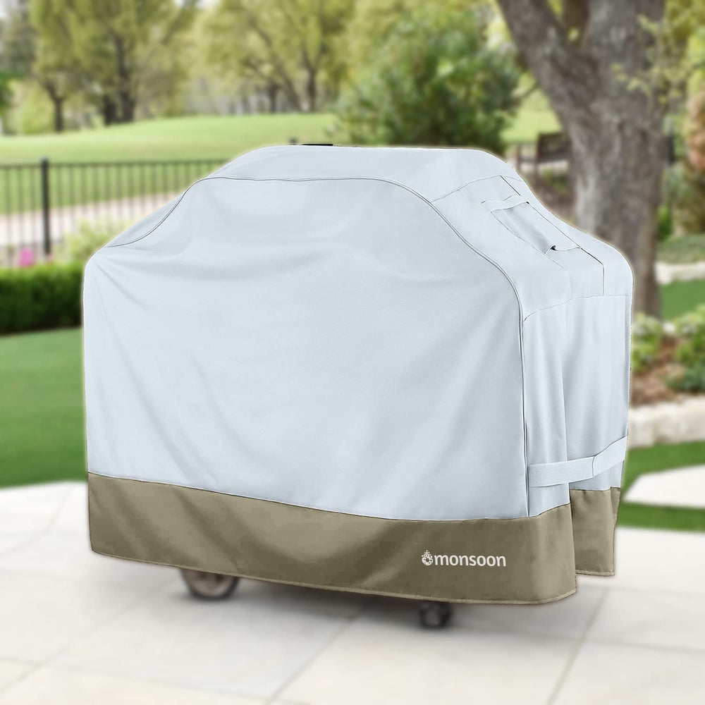 Monsoon cover fitted on a barbecue grill protecting from rain and debris