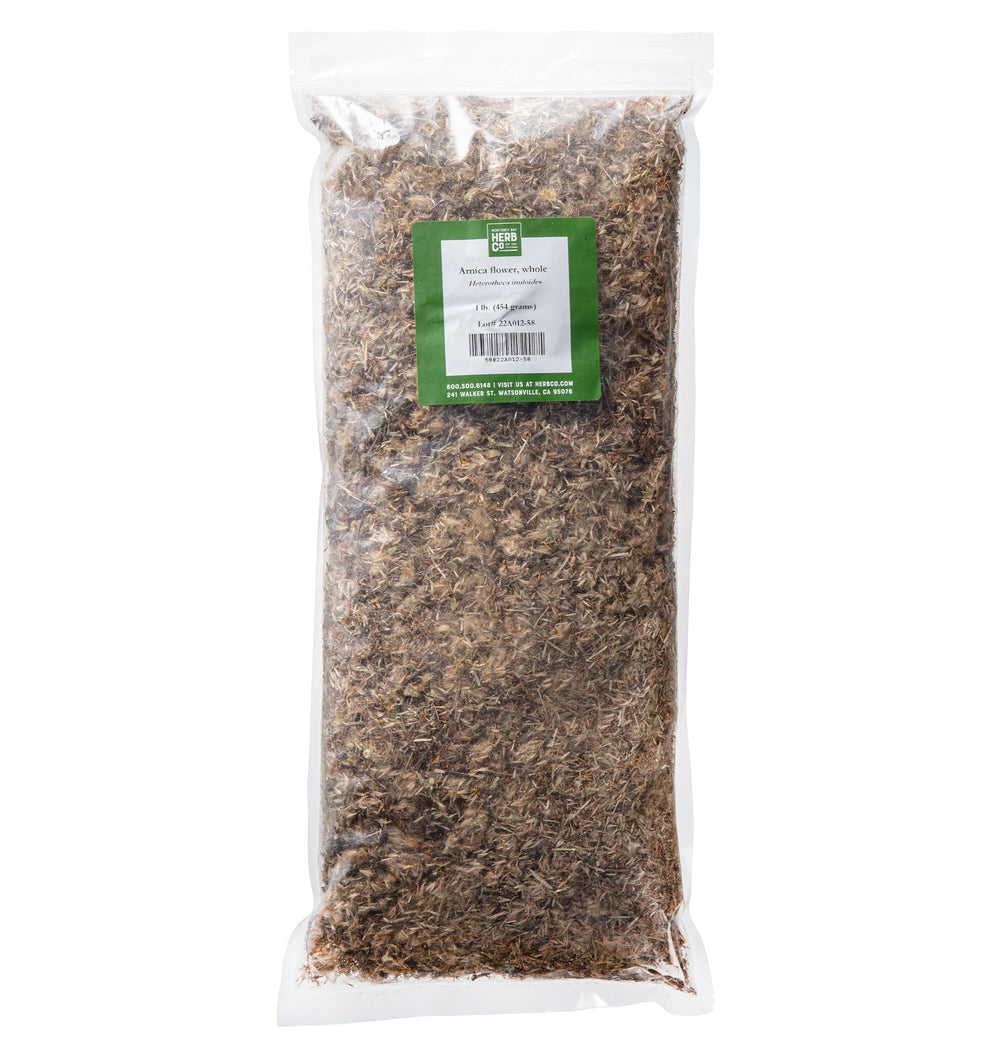 MONTEREY BAY HERB CO front packaging showing whole arnica flowers, clear identification benefit