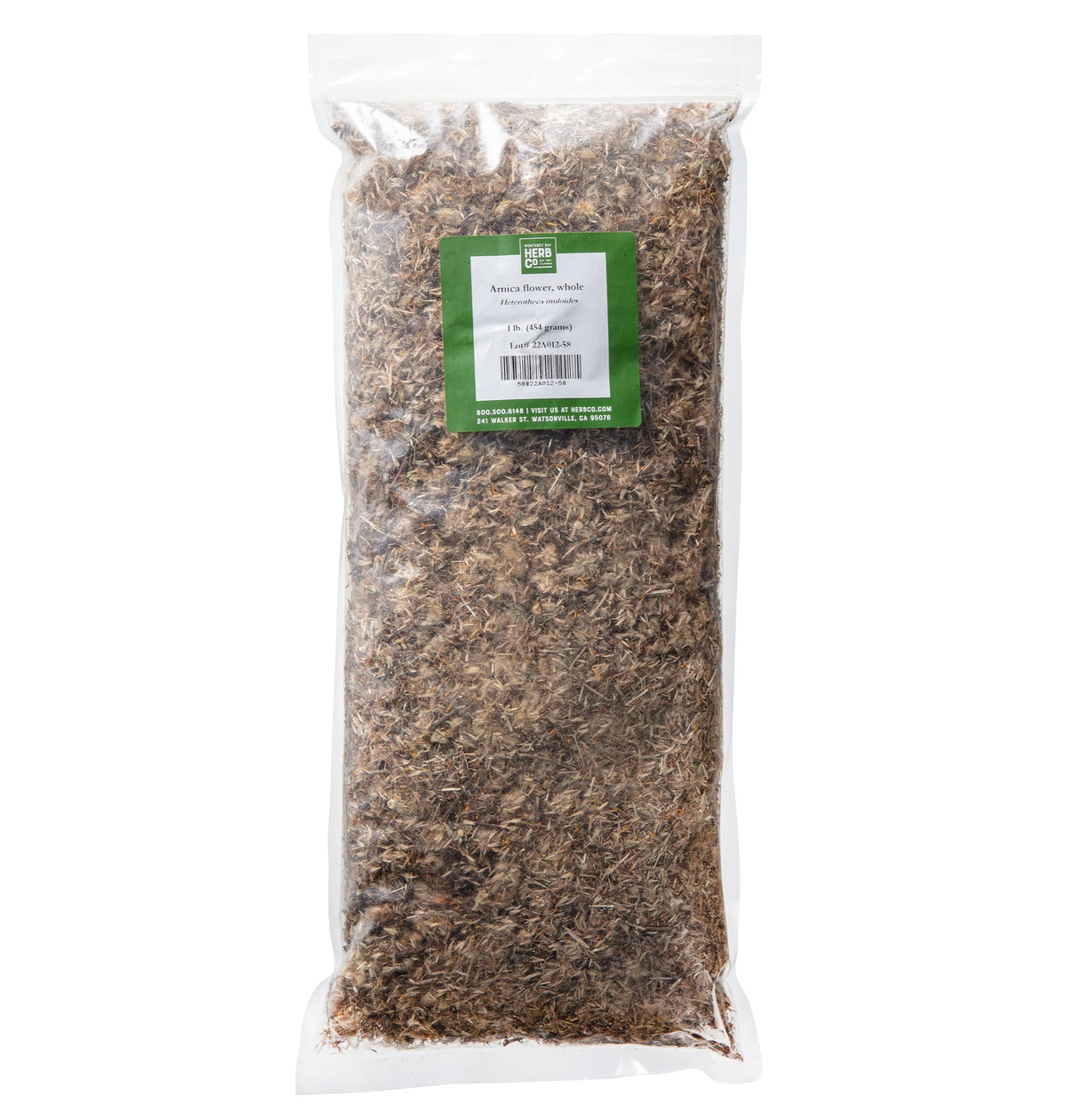 MONTEREY BAY HERB CO front packaging showing whole arnica flowers, clear identification benefit