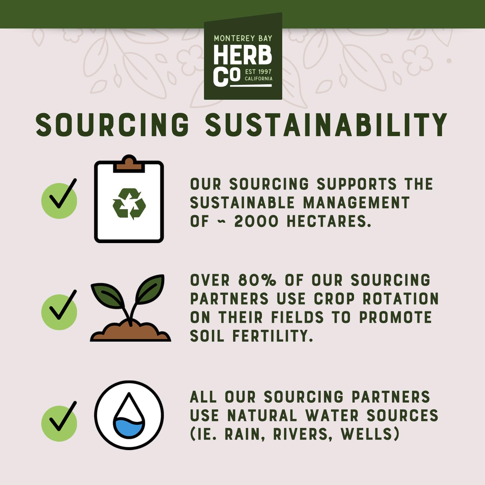MONTEREY BAY HERB CO product label showing kosher and SQF marks, assures certified quality