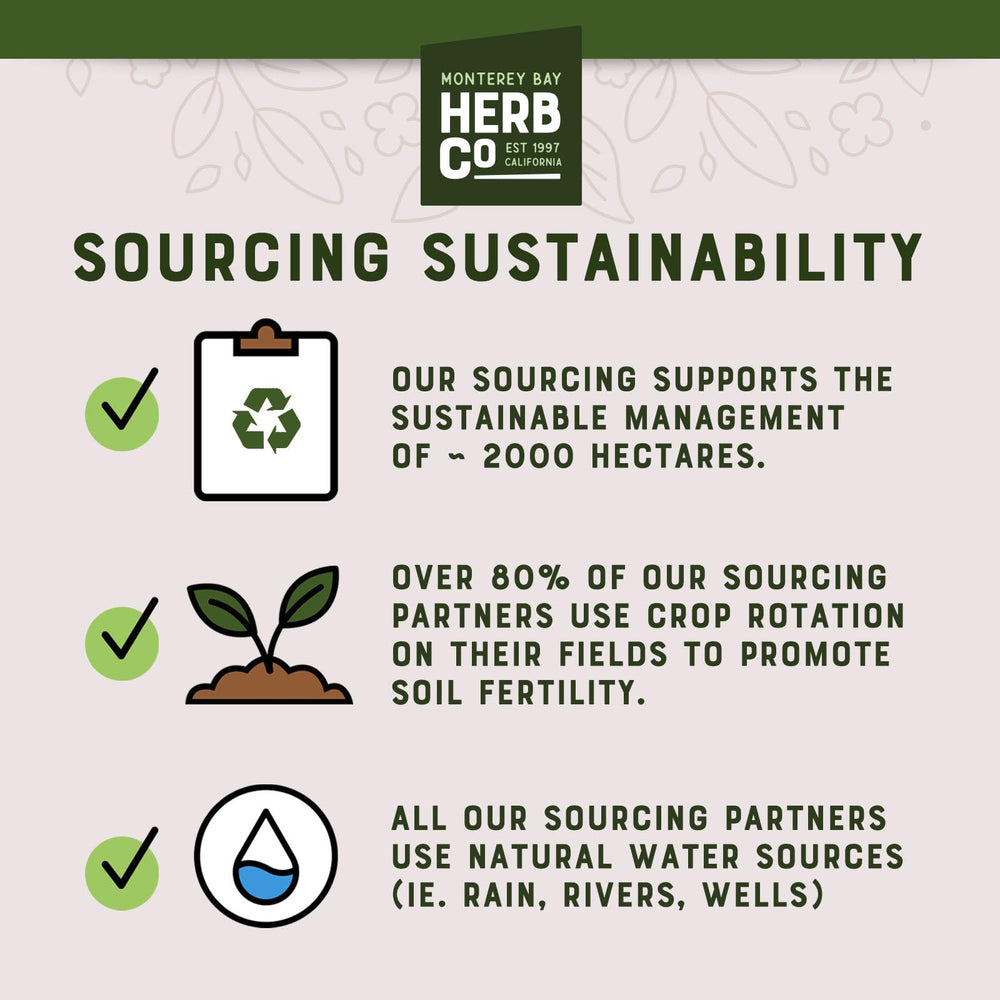 MONTEREY BAY HERB CO product label showing kosher and SQF marks, assures certified quality