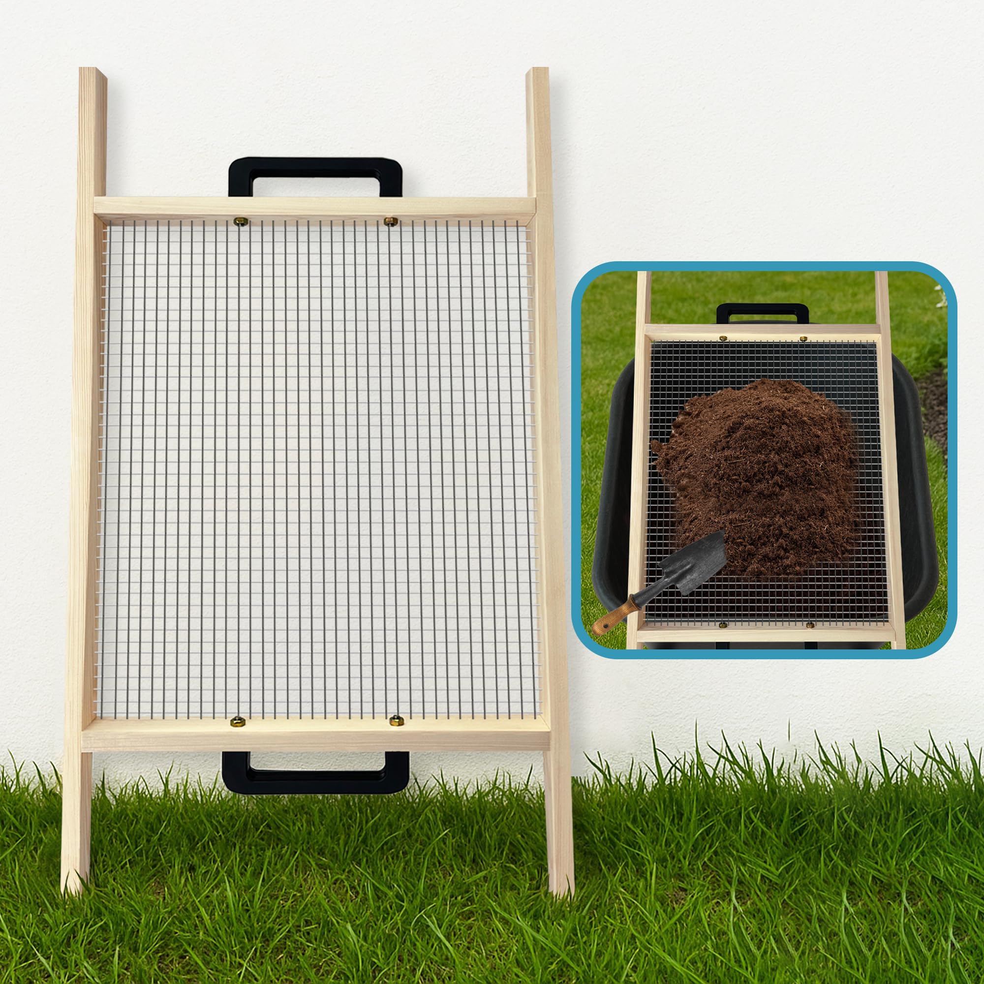 Montex front view of full soil sifter showing capacity and easy placement benefits