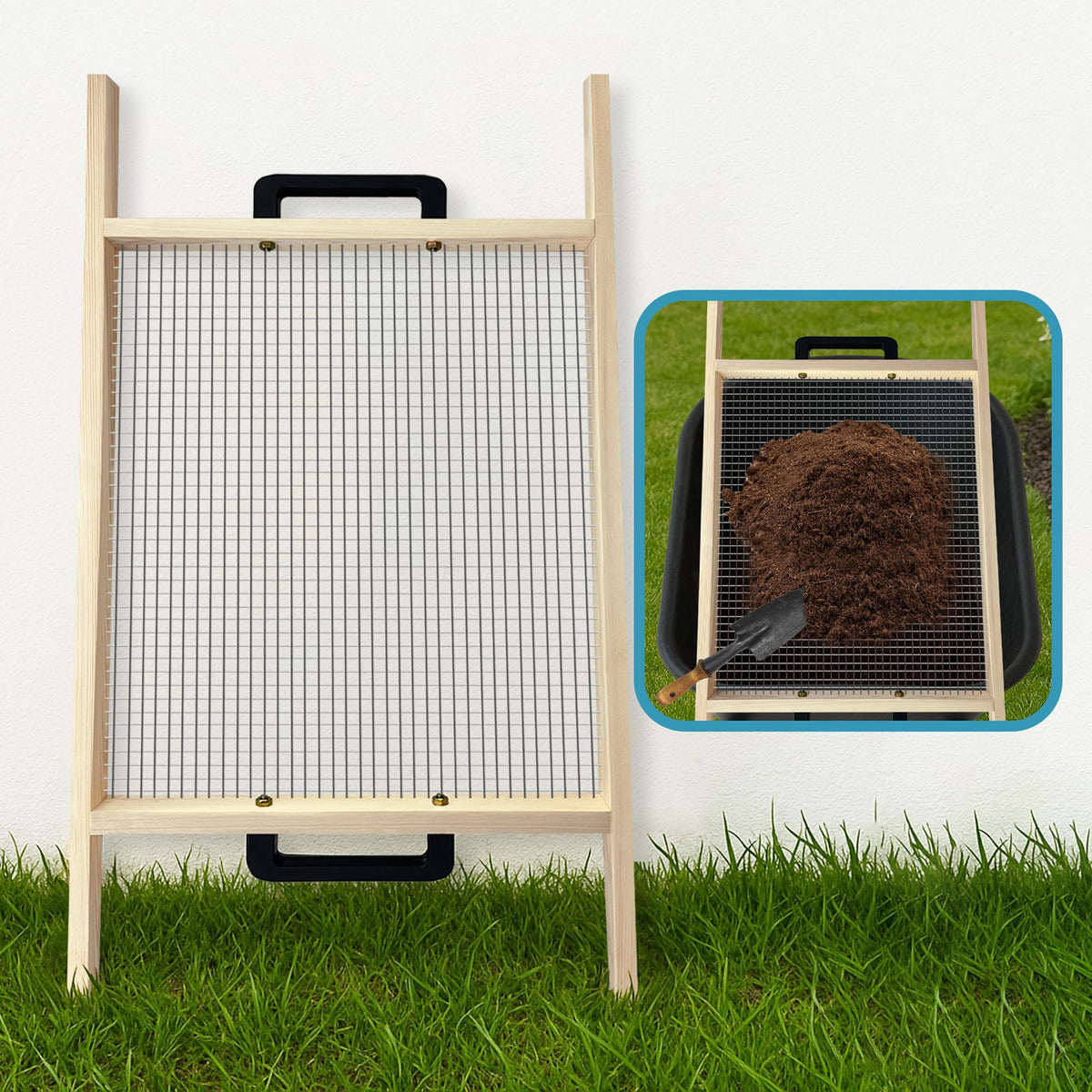 Montex front view of full soil sifter showing capacity and easy placement benefits