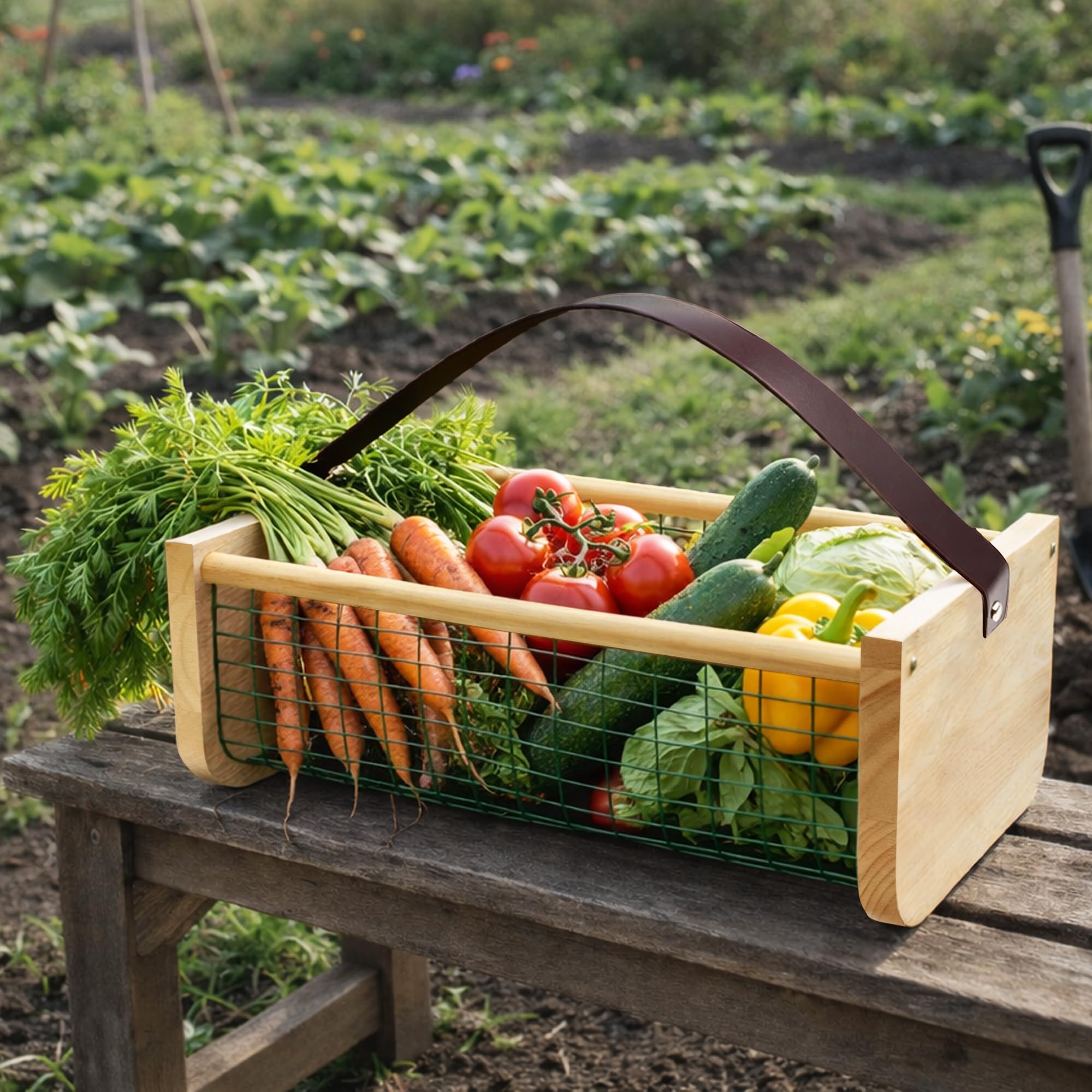 Montex front view harvest basket showing sturdy wood ends and open top for quick picking