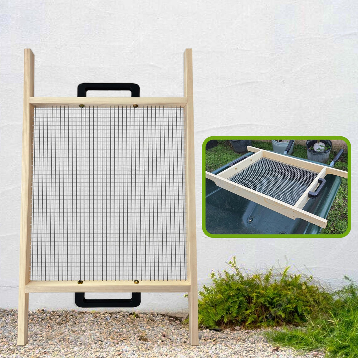 Montex soil sifter front view showing full frame and mesh for quick screening