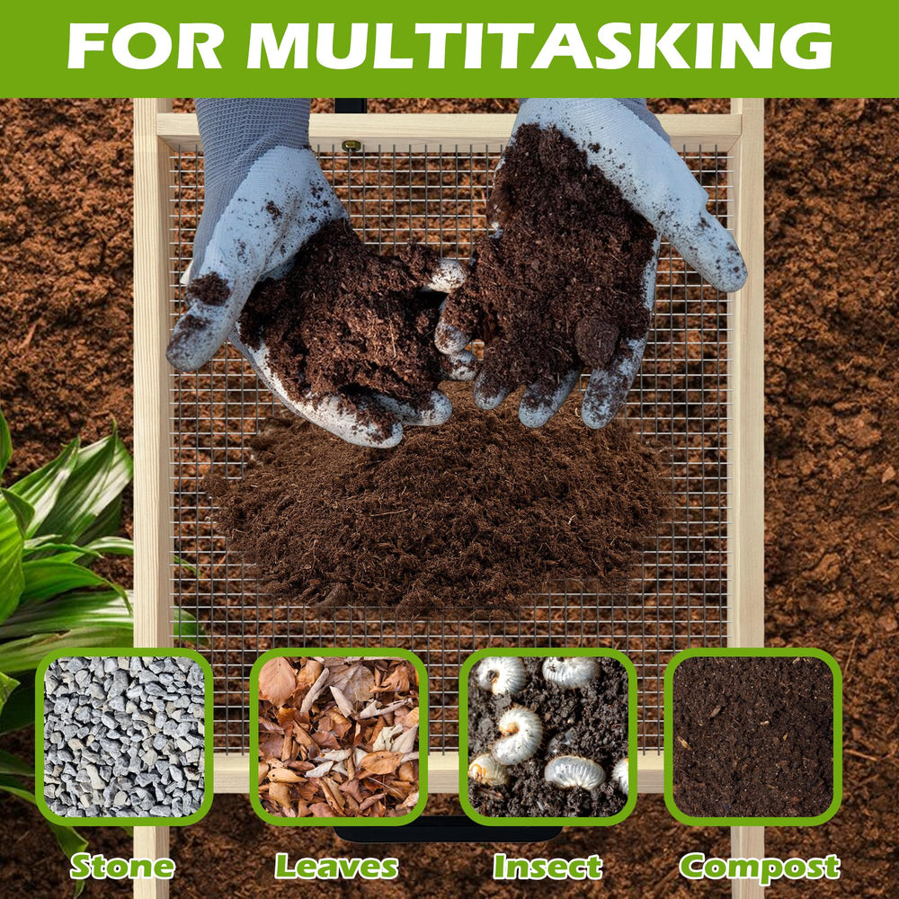 Montex sifter in use screening compost into wheelbarrow for clean soil