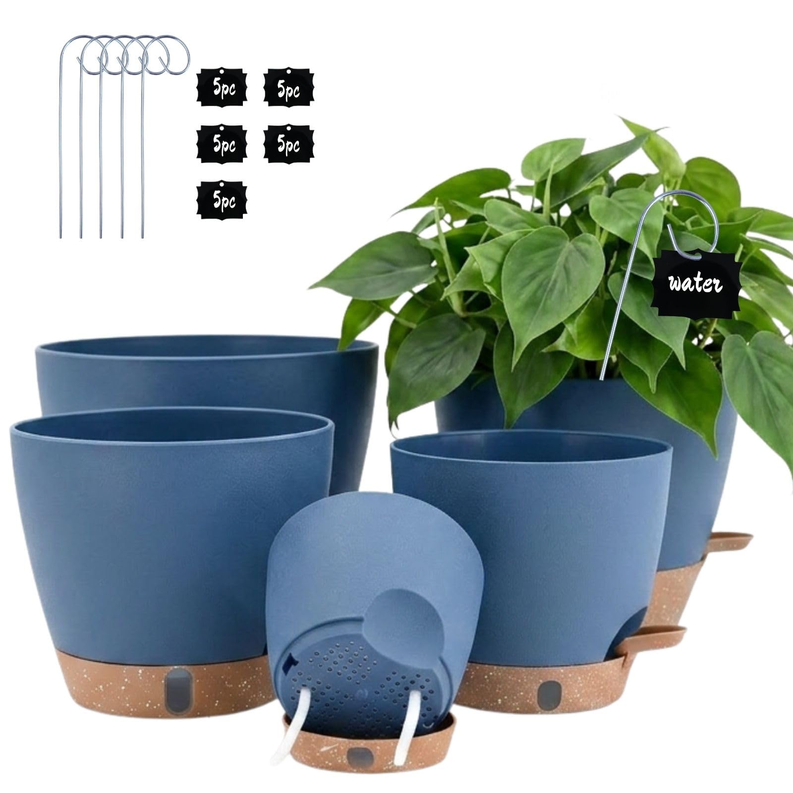 montresor front view of five blue pots showing set and sizes for easy selection