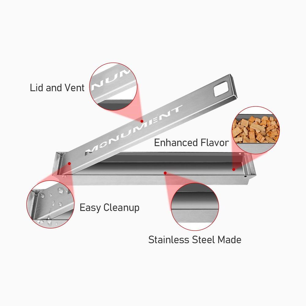 Monument Grills smoker box side profile showing length and slim footprint for fit