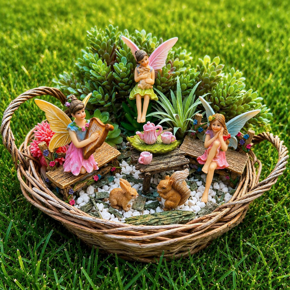 Mood Lab garden display with figurines in flower bed adding outdoor charm