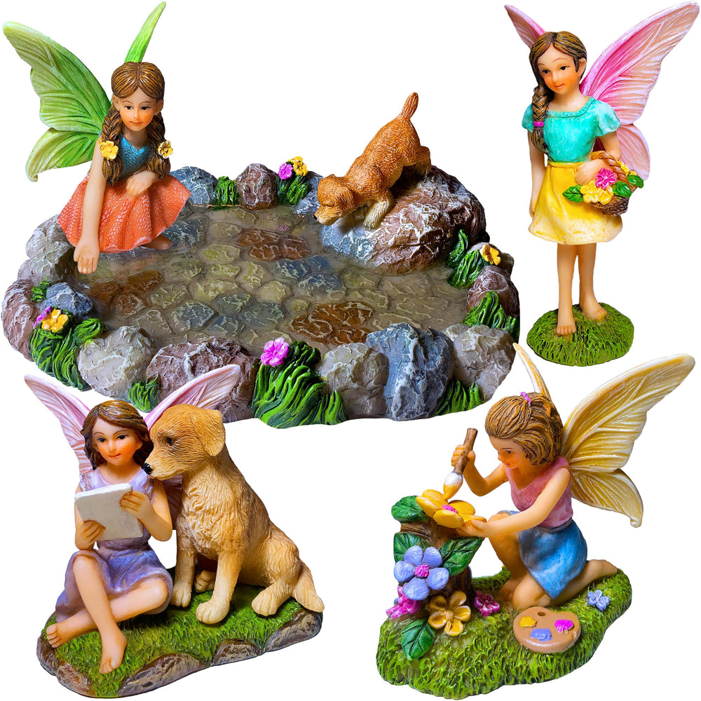 Mood Lab front packaging showing five resin fairy pond statues and neat arrangement benefit