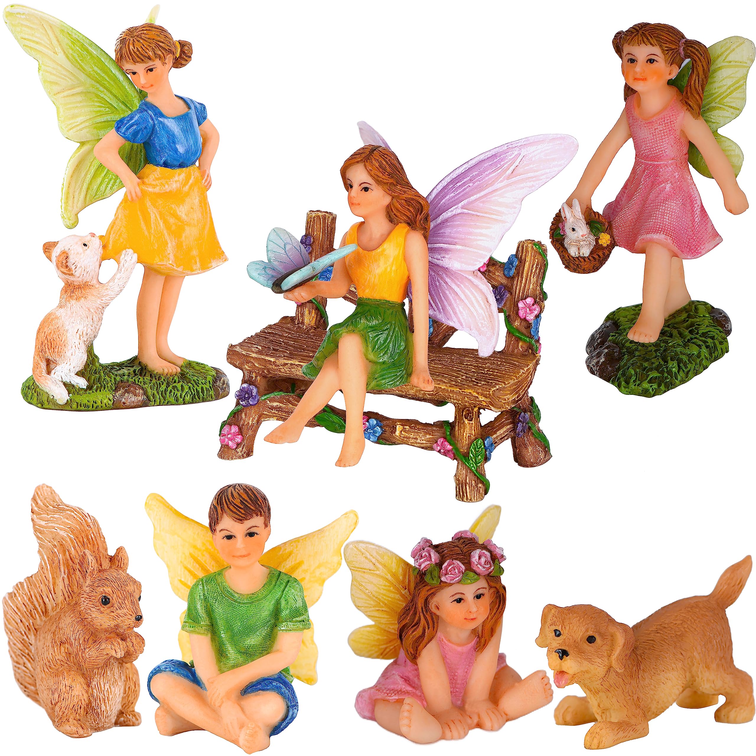 Mood Lab front packaging showing the full 8-piece fairy garden figurines set with protective foam
