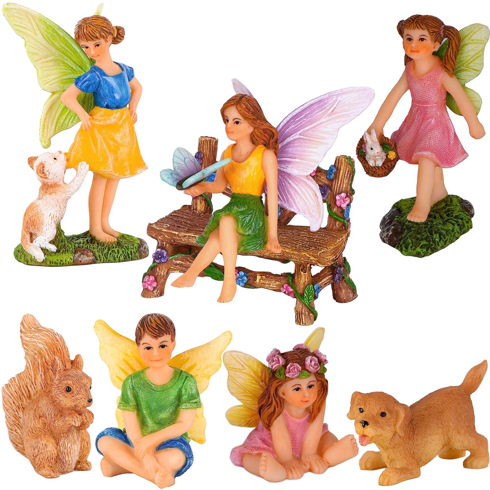 Mood Lab front packaging showing the full 8-piece fairy garden figurines set with protective foam