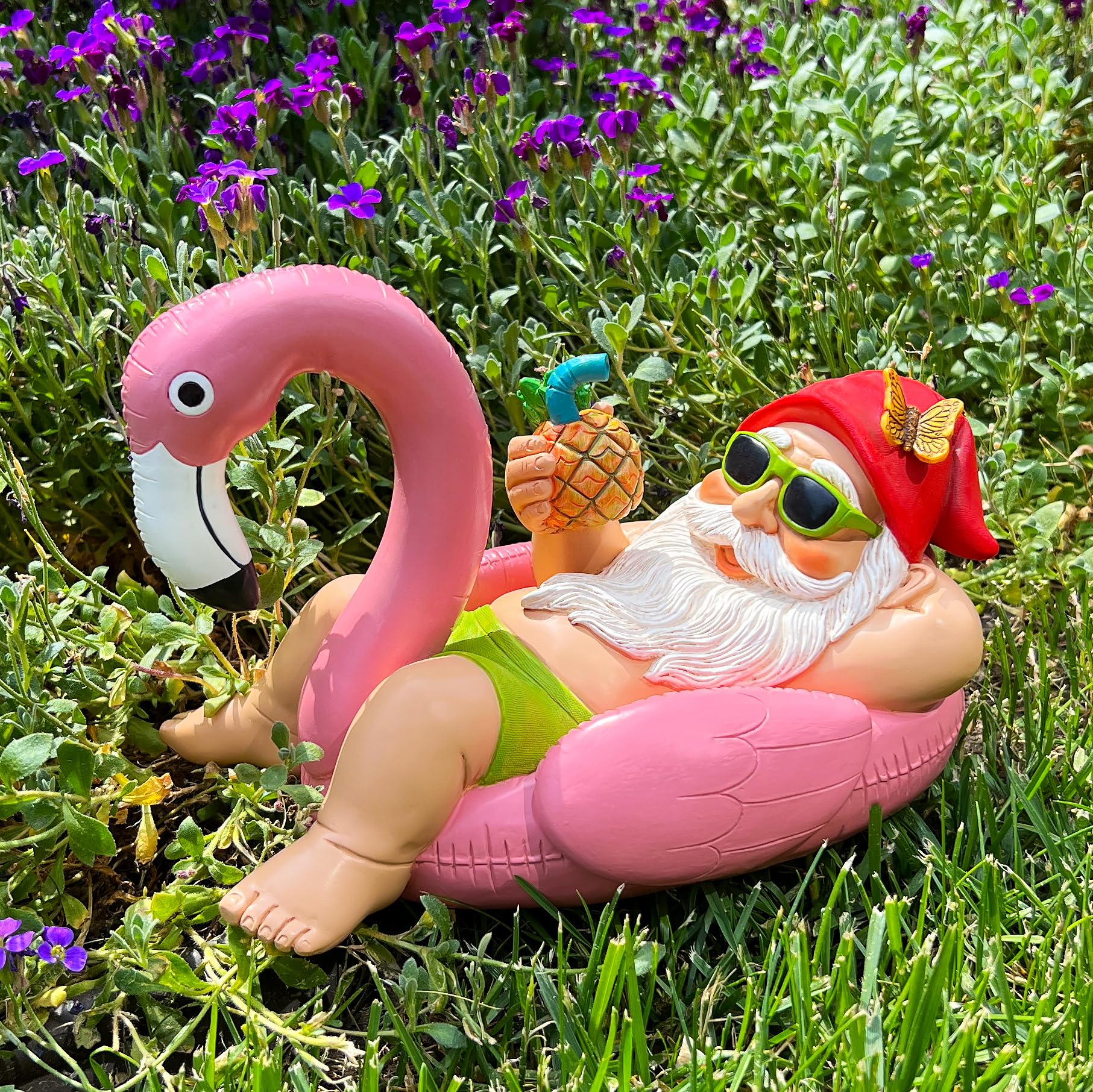 Mood Lab gnome flamingo on indoor shelf creating playful home accent
