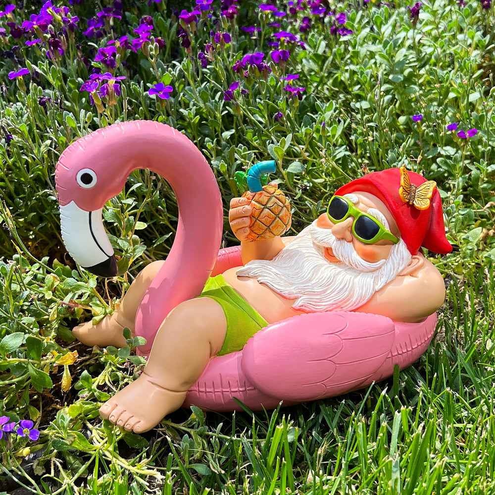 Mood Lab gnome flamingo on indoor shelf creating playful home accent