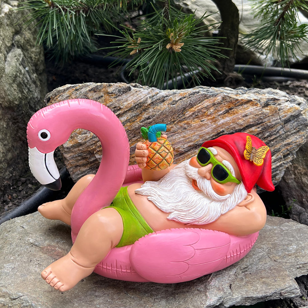 Mood Lab gnome flamingo on patio scene adding whimsical curb appeal