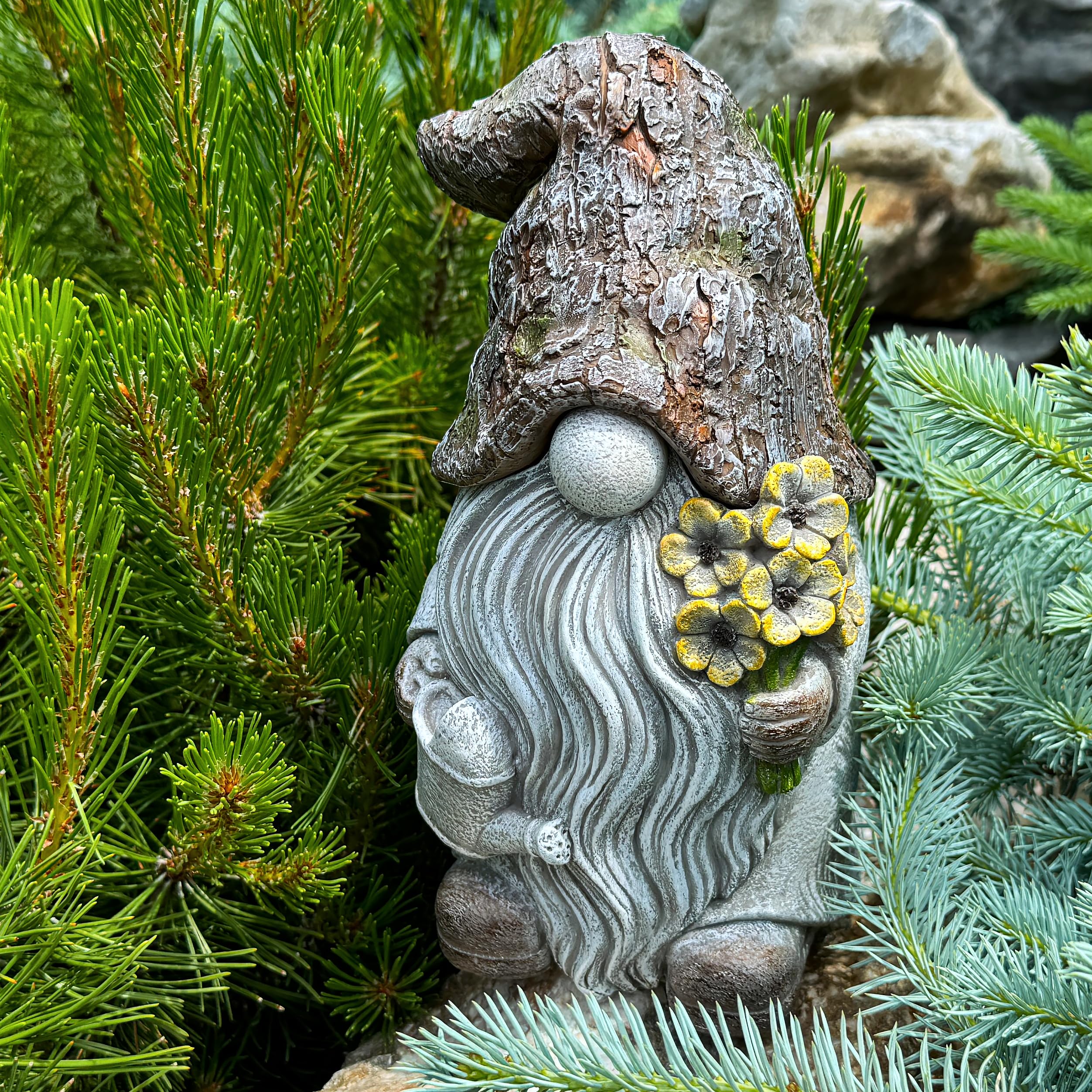 Mood Lab gnome in garden setting offering discreet key storage
