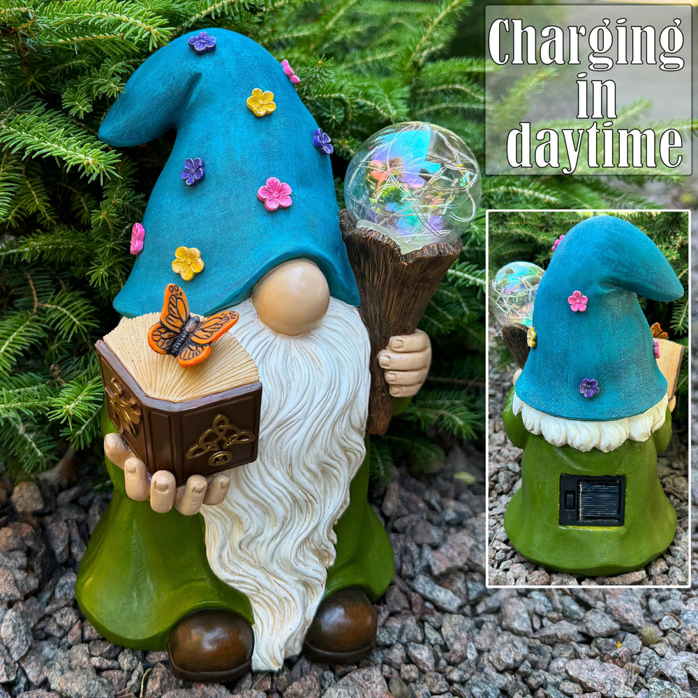 Mood Lab gnome lit at night with LEDs providing soft garden illumination