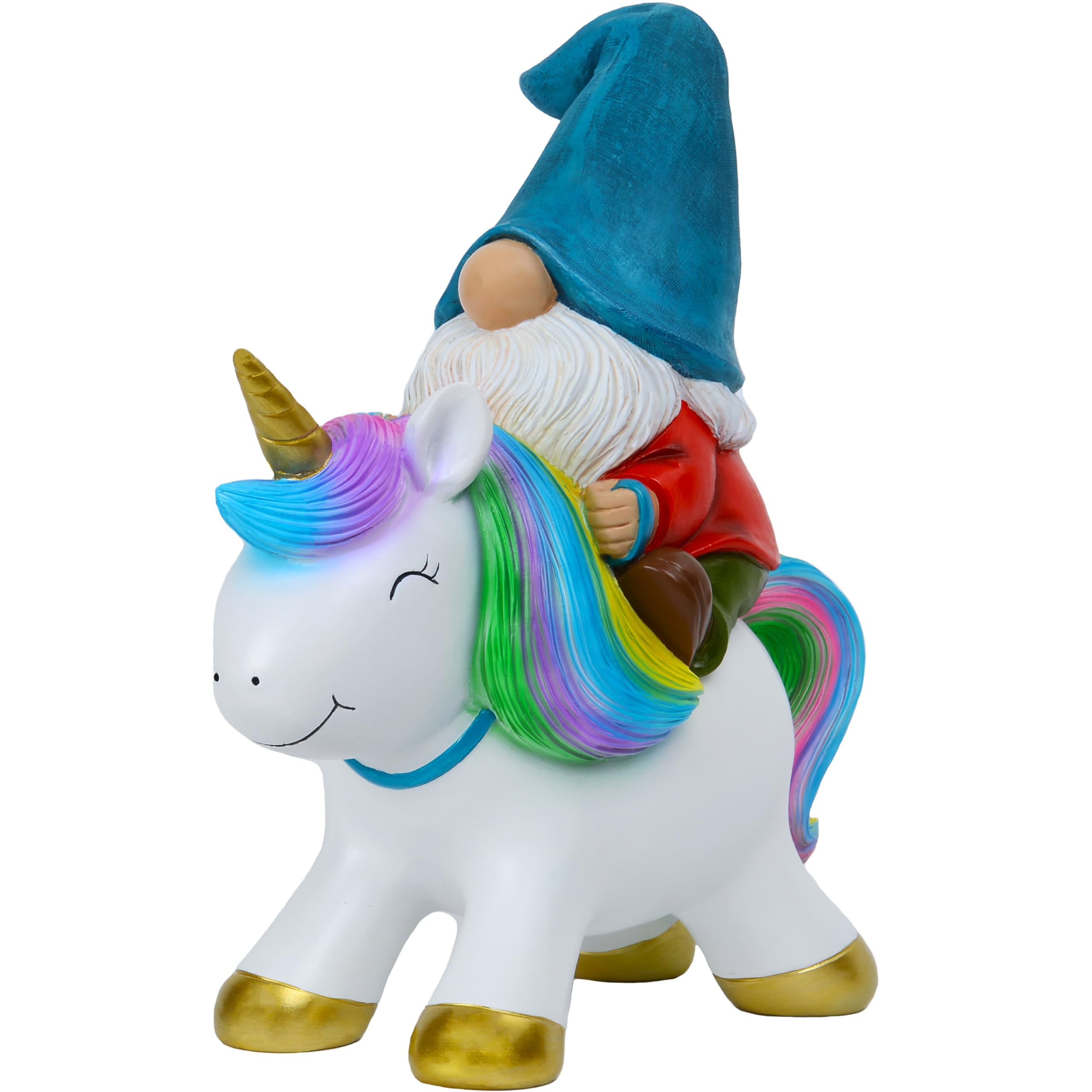 Mood Lab front view of gnome riding unicorn shows cheerful garden charm